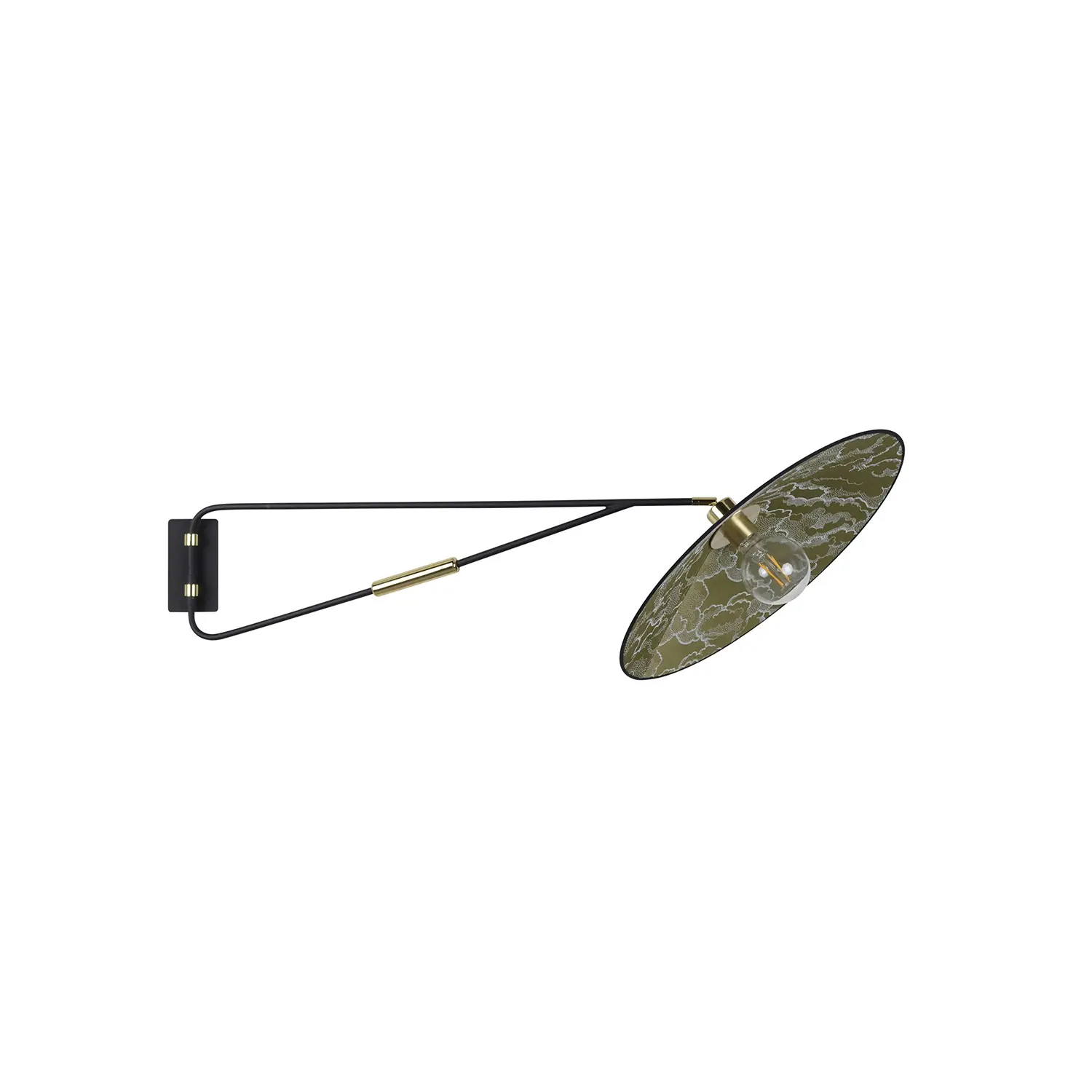 Applique déportée base rectangle E27 max 40W led Abat jour tissus Ø50cm Bras et tête orientables Bras métal noir- finition sablée- détails laiton Profondeur 103cm