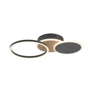 Ce petit plafonnier LED rond noir et bois séduit par son design épuré et contemporain, présentant une structure en forme d'anneaux qui attirent l'attention dans n'importe quelle pièce.