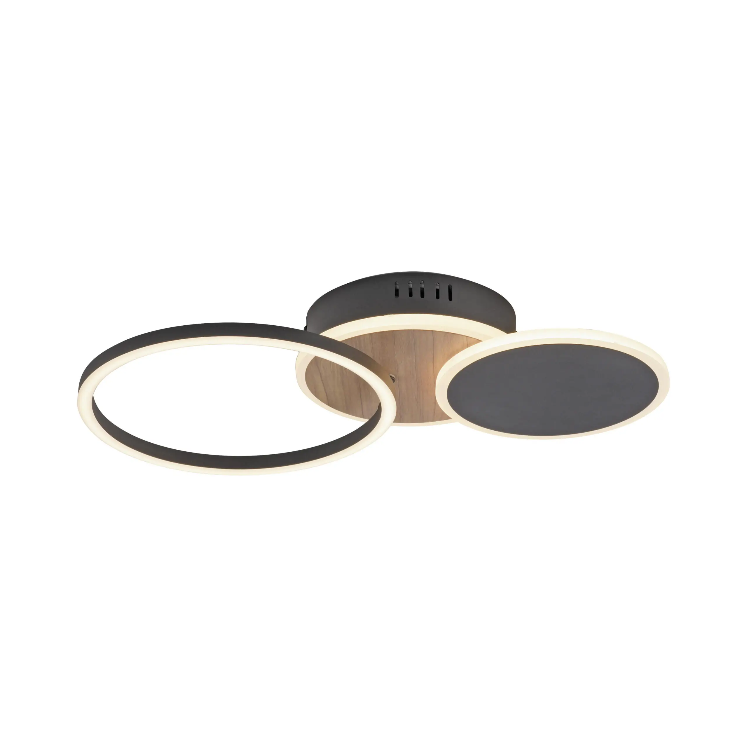 Ce petit plafonnier LED rond noir et bois séduit par son design épuré et contemporain, présentant une structure en forme d'anneaux qui attirent l'attention dans n'importe quelle pièce.
