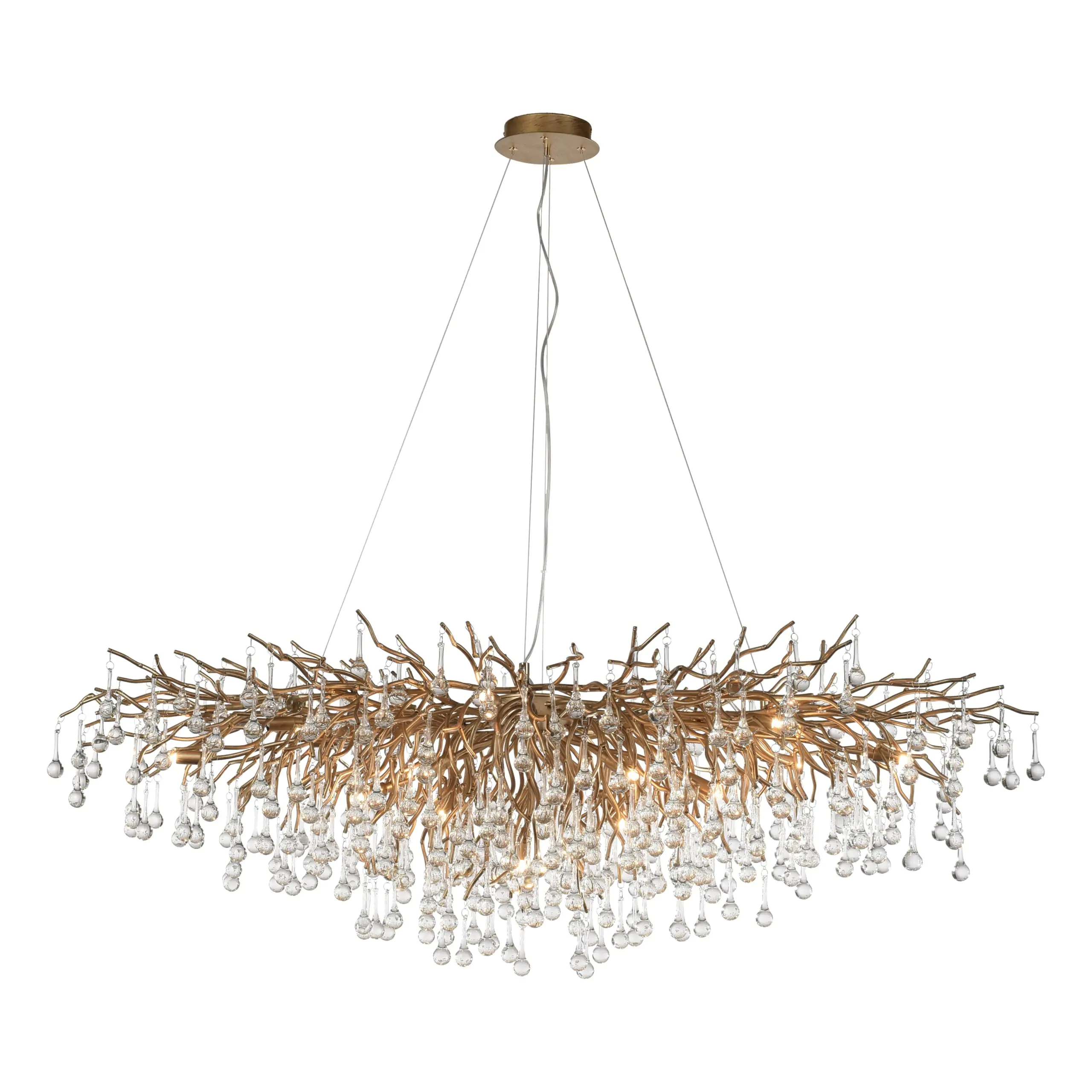Lustre en verre Icicle , l'éclat intemporel : découvrez notre lustre en métal couleur vieux laiton, une pièce d'exception qui illumine votre espace avec une grâce sans pareille. Inspiré par la délicatesse des gouttes d'eau, ses multi branches fines ornées de perles de verre filigranes captent la lumière et diffusent une ambiance magique dans votre intérieur. Laissez vous envoûter par la beauté intemporelle de ce lustre, et transformez votre espace en un véritable joyau de sophistication et d'élégance.