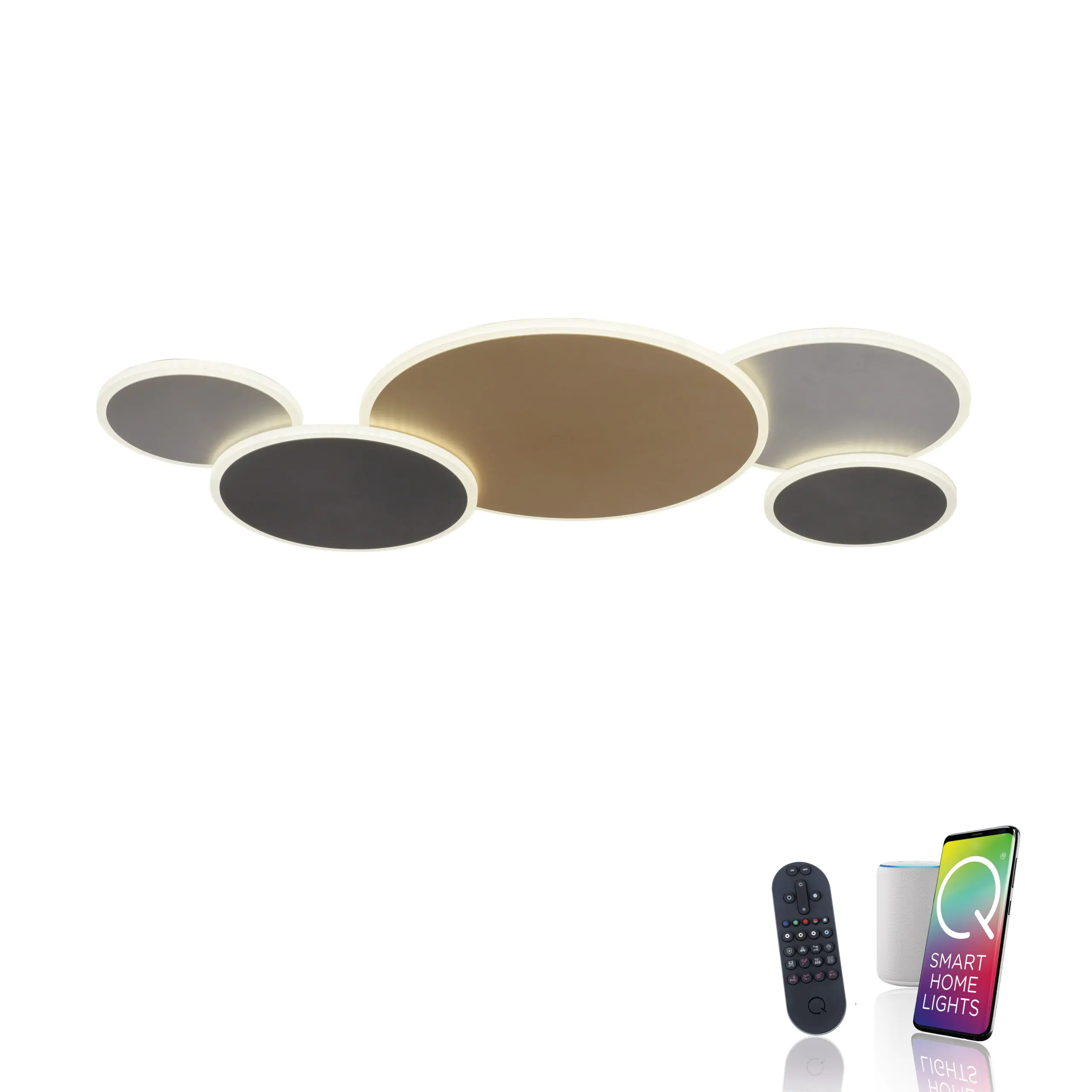 Lumière intelligente: Découvrez la splendeur de l'applique et du plafonnier Q-PIATO, un véritable objet de fascination orné de cinq cercles en laiton, aluminium et finition anodisée grise. Cette lampe unique marie esthétique et fonctionnalité, devenant ainsi un élément central de votre intérieur. Bien plus qu'une simple pièce décorative, cette applique et ce plafonnier incarnent également une prouesse technologique.