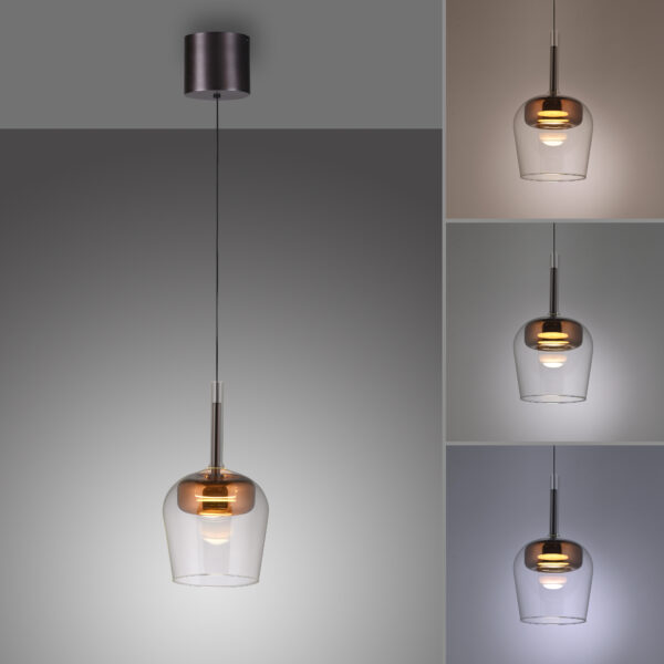 La suspension Q-KON cuivre en verre transparent se distingue par son design raffiné et ses fonctionnalités avancées. Elle est idéale pour un intérieur moderne et connecté. Tout d’abord, cette suspension offre une diffusion de lumière élégante grâce à son double verre coloré, intégré à l’intérieur du grand verre transparent. Ce design particulier permet de jouer subtilement avec la lumière et les reflets, créant des nuances visuelles chaleur qui ajoutent et profondeur à votre espace.