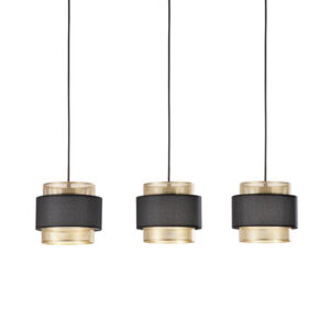 Suspension trois pendants métal noir et doré design lounge Ø85 cm x 200 cm. Trois douilles E27. Une pièce décorative élégante pour sublimer un grand espace.