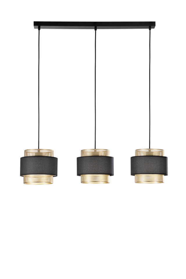 Suspension trois pendants métal noir et doré design lounge Ø85 cm x 200 cm. Trois douilles E27. Une pièce décorative élégante pour sublimer un grand espace.