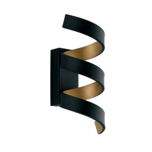 Applique LED noir et doré design moderne. 9 W, ~720 lm, dimensions 10 × 13,5 × 26 cm. Forme hélicoïdale élégante pour sublimer un mur avec style.