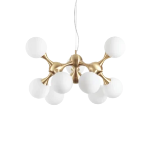 Suspension design en laiton avec 9 globes en verre opalin. Luminaire sculptural et élégant pour sublimer salon ou salle à manger.