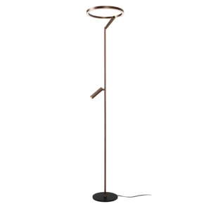 Lampadaire SANDY LED 180 cm finition bronze avec anneau lumineux et liseuse orientable. Dimmable, tactile et couleur de lumière réglable.