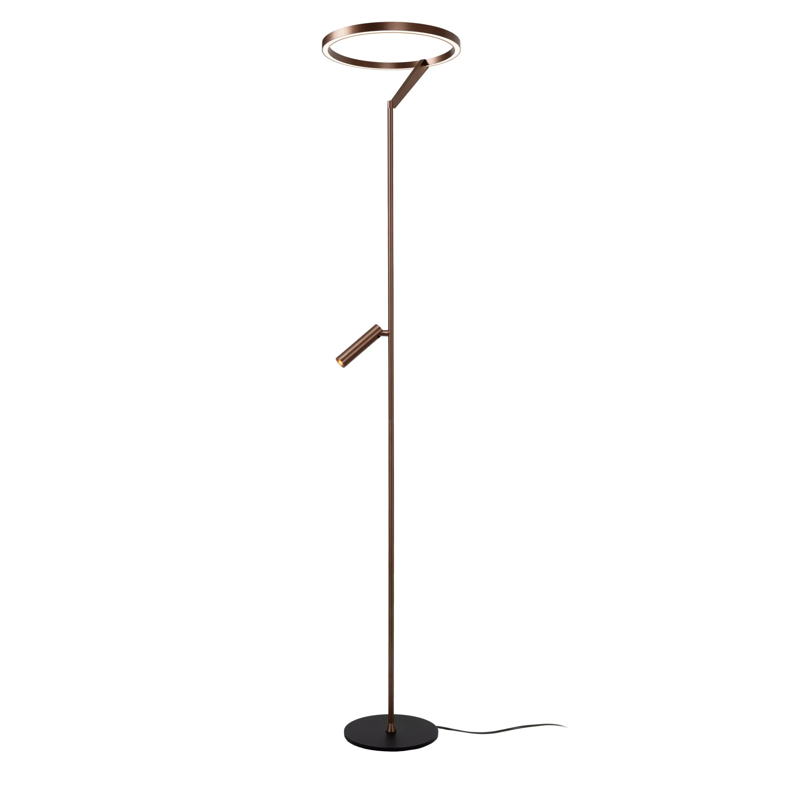 Lampadaire SANDY LED 180 cm finition bronze avec anneau lumineux et liseuse orientable. Dimmable, tactile et couleur de lumière réglable.