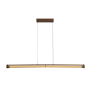 Suspension linéaire LED 146 cm finition champagne. Dimmable, CCT réglable et hauteur ajustable. Lumière extra chaude 2200K idéale au-dessus d’une table.
