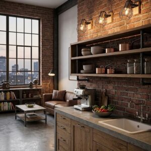 Applique spot style industriel MAC en bois et metal installee dans une cuisine loft.