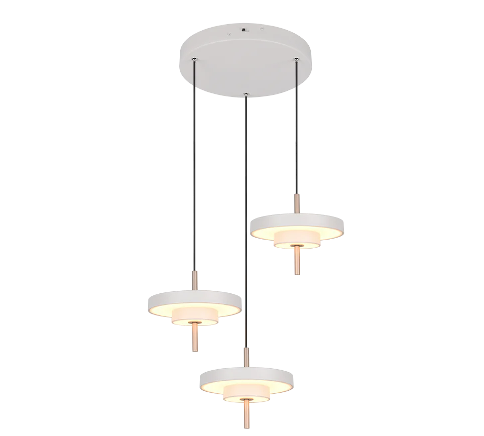 Suspension design moderne gris chaud et or a trois descentes par Trio Lighting.