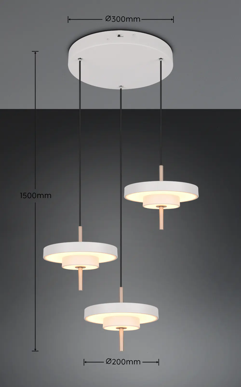 Suspension design moderne gris chaud et or a trois descentes