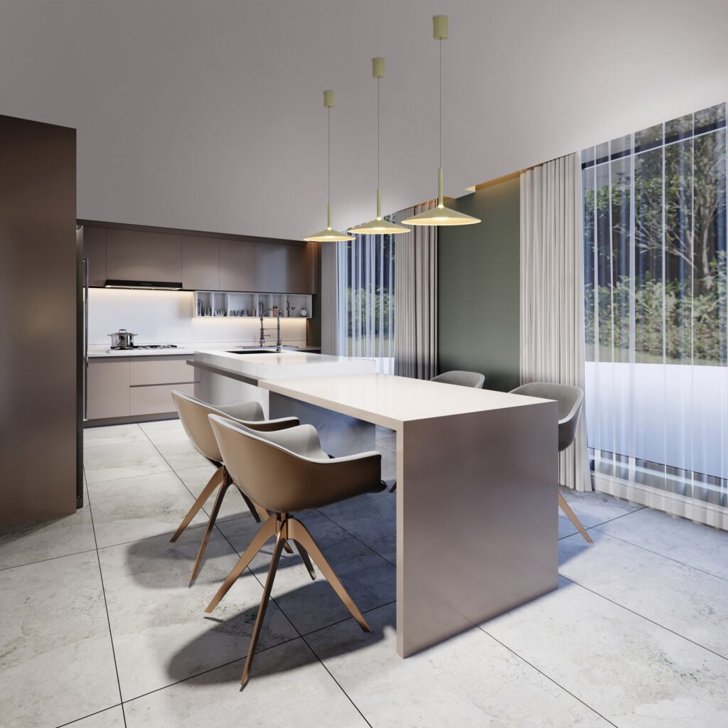 Rendu 3D d'une cuisine moderne haut de gamme aux tons taupe et beige. Au centre, un grand îlot en marbre blanc est prolongé par une table de repas intégrée. Quatre fauteuils au design futuriste avec des pieds en métal cuivré entourent la table. Trois suspensions lumineuses minimalistes éclairent l'espace, face à de grandes baies vitrées habillées de voilages blancs.