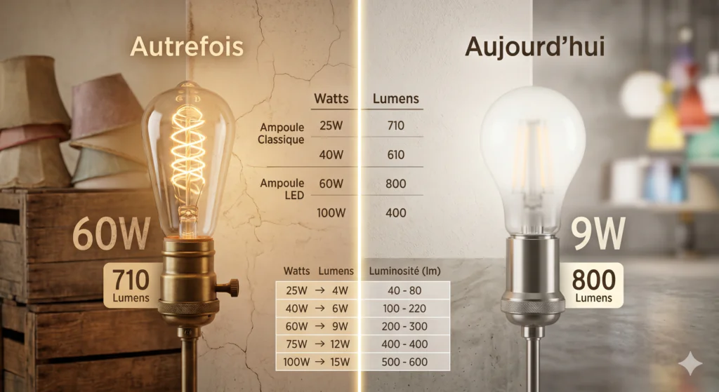 Infographie d'éclairage comparant une ampoule incandescente vintage de 60W (800 lm) à une ampoule LED moderne de 9W (800 lm), avec un tableau de correspondances détaillées pour les watts et lumens.