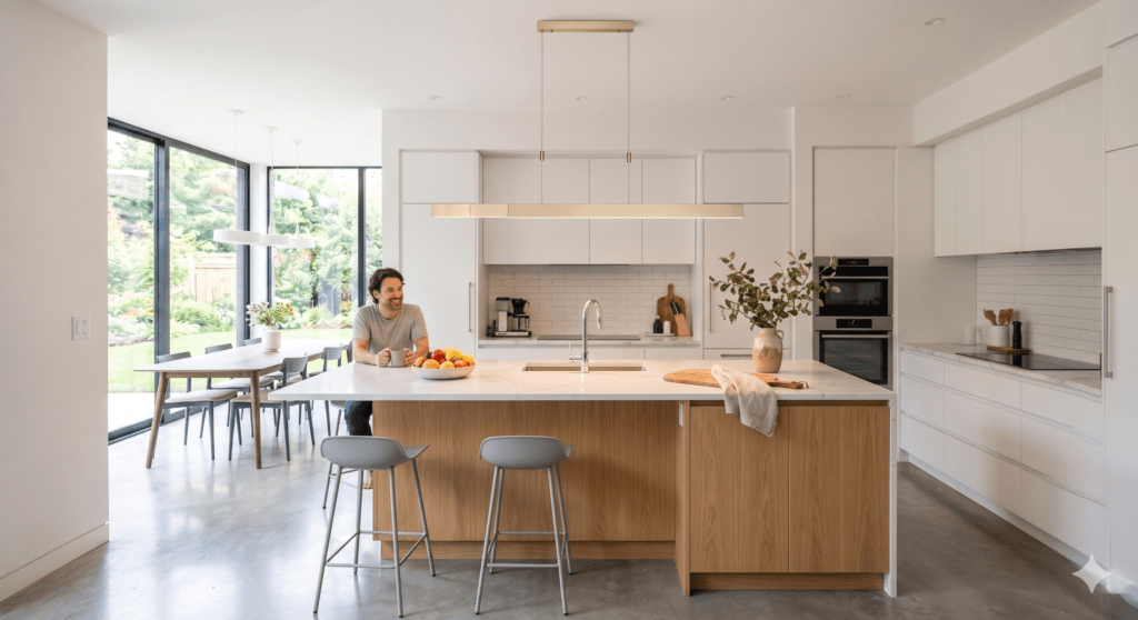 Cuisine moderne ouverte et lumineuse avec un grand îlot en bois clair et comptoir en quartz blanc. Un homme est assis à l'îlot en souriant, une tasse à la main. En arrière-plan, de grandes baies vitrées s'ouvrent sur un jardin verdoyant et éclairent une salle à manger attenante.