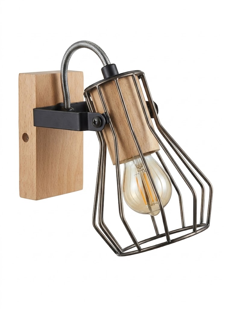 Applique spot style industriel en bois et metal noir modele MAC.