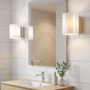 Deux appliques salle de bain led installees de chaque cote d'un grand miroir.