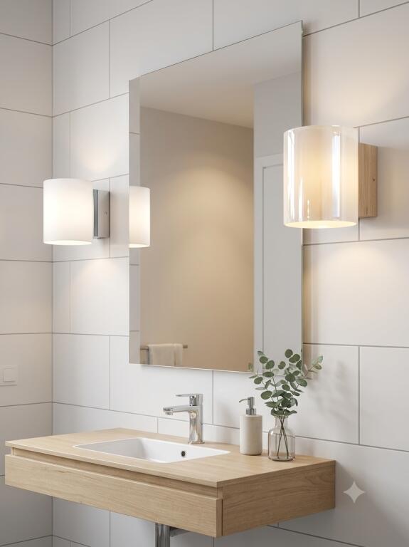 Deux appliques salle de bain led installees de chaque cote d'un grand miroir.