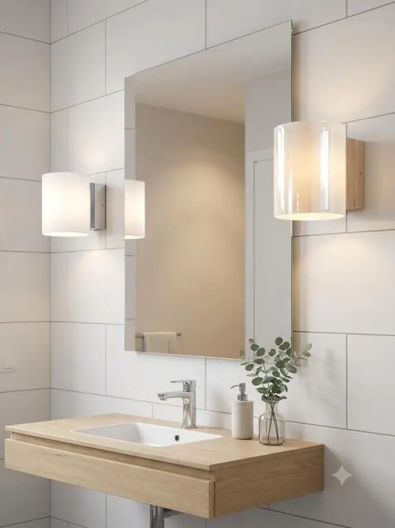 Deux appliques salle de bain led installees de chaque cote d'un grand miroir.