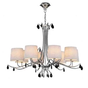 Lustre baroque contemporain Andrea en métal chrome avec abat-jours blancs et pampilles