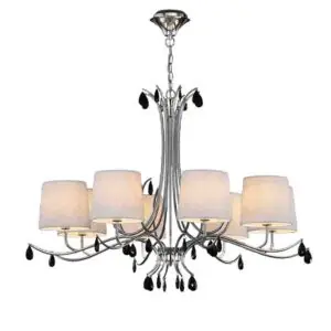 Lustre baroque contemporain Andrea en métal chrome avec abat-jours blancs et pampilles