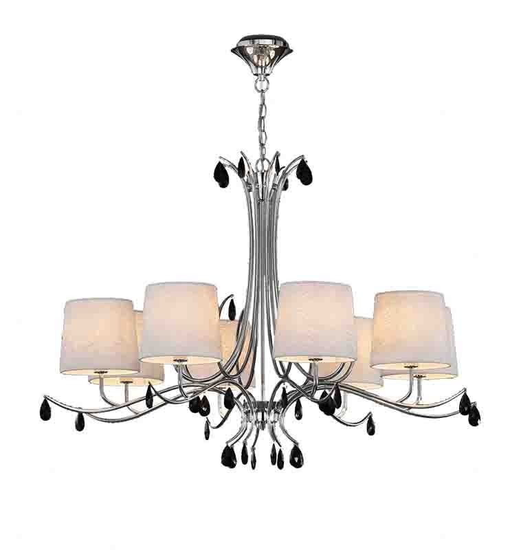 Lustre baroque contemporain Andrea en métal chrome avec abat-jours blancs et pampilles