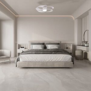 ventilateur-plafond-silencieux-blanc-chambre-design.jpg Ventilateur de plafond silencieux blanc installé dans une chambre à coucher moderne et épurée