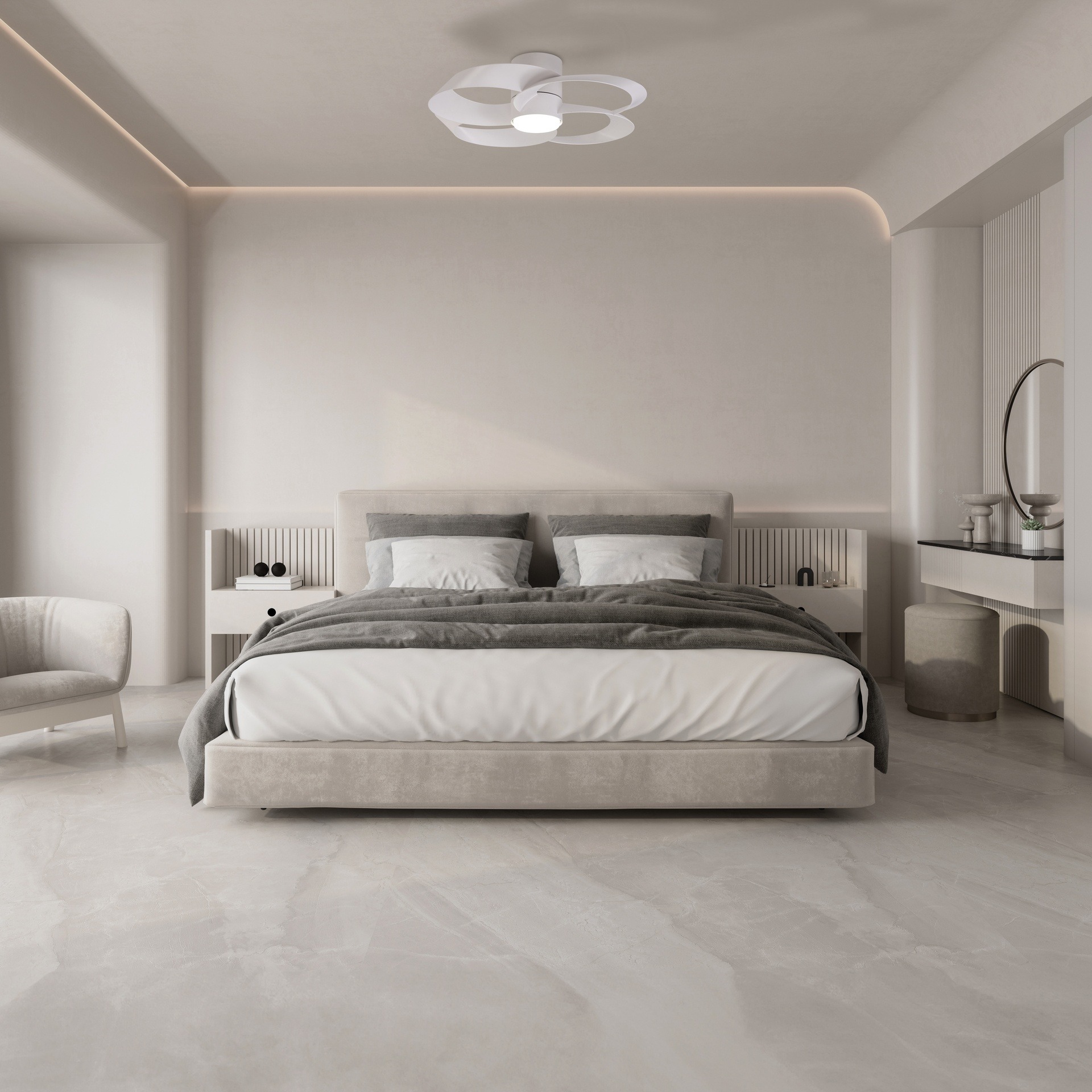 Ventilateur de plafond silencieux blanc installé dans une chambre à coucher moderne et épurée