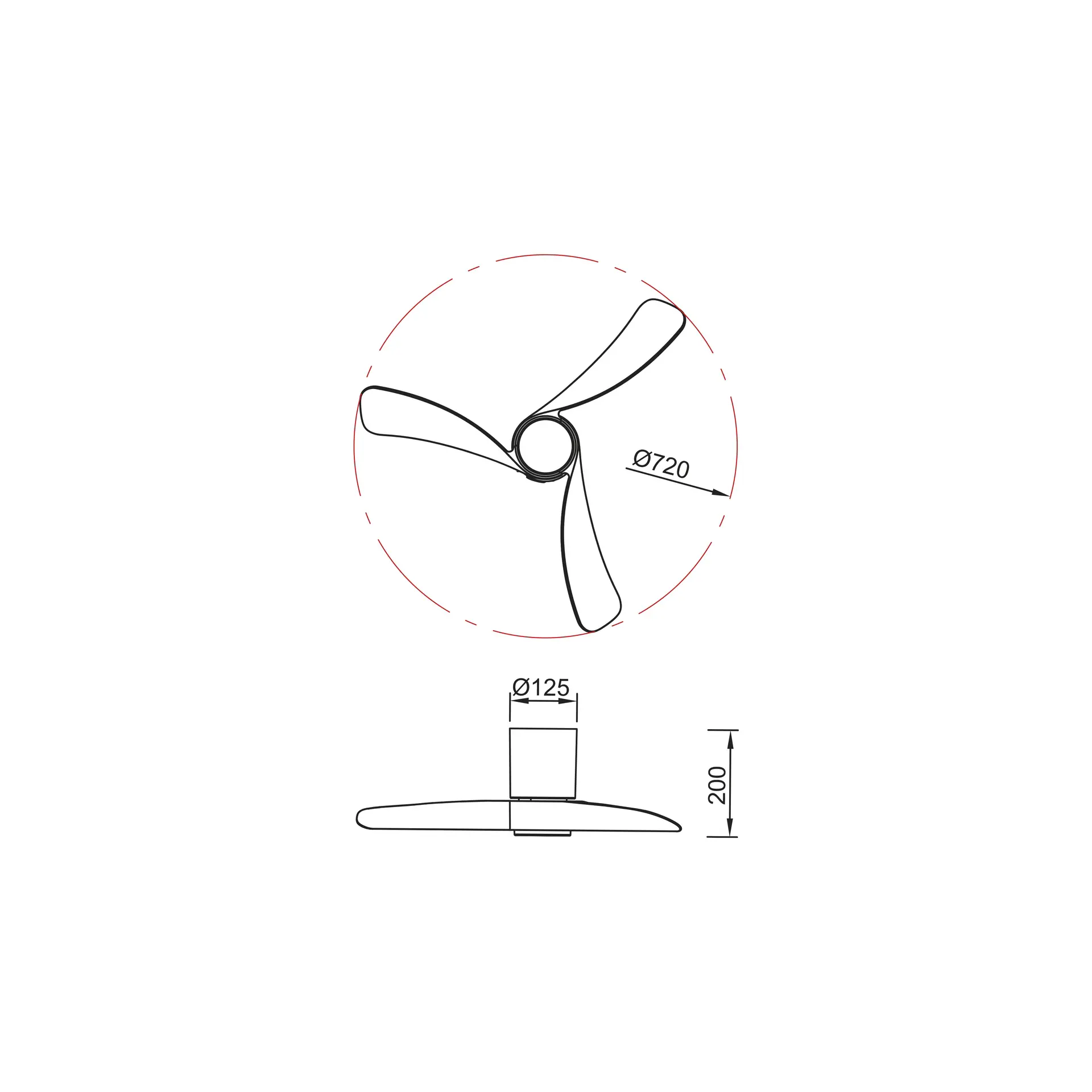 Schéma technique des dimensions du plafonnier ventilateur Nemo XS diamètre 72 cm