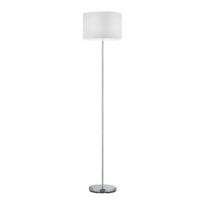 Lampadaire droit en metal chrome avec abat-jour cylindrique en tissu blanc.