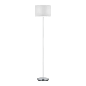 Lampadaire droit en metal chrome avec abat-jour cylindrique en tissu blanc.