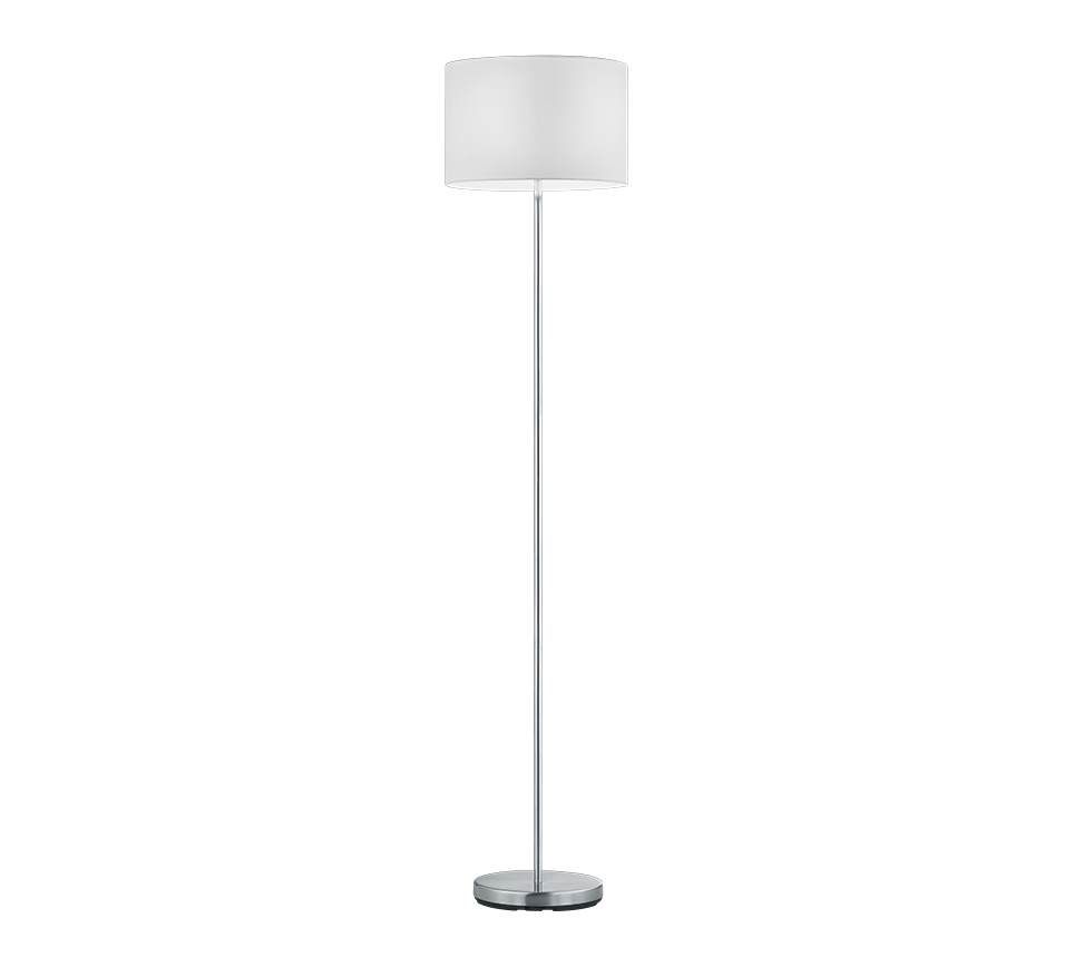 Lampadaire droit en metal chrome avec abat-jour cylindrique en tissu blanc.
