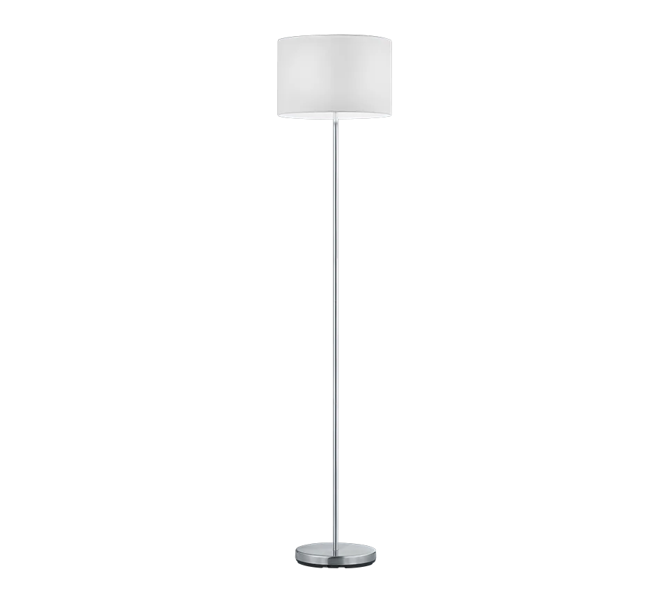 Lampadaire droit en metal chrome avec abat-jour cylindrique en tissu blanc.