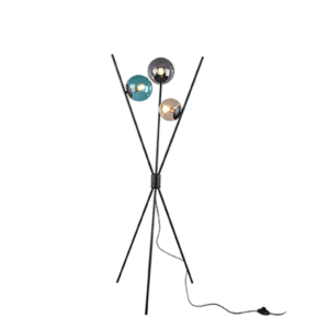Lampadaire trepied en metal noir avec trois globes en verre colore fume ambre et bleu.