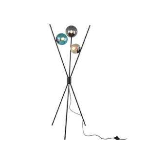 Lampadaire trepied en metal noir avec trois globes en verre colore fume ambre et bleu.