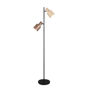 Lampadaire liseuse droit en metal noir avec deux spots orientables marron et beige.