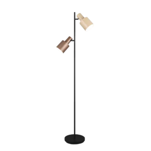 Lampadaire liseuse droit en metal noir avec deux spots orientables marron et beige.
