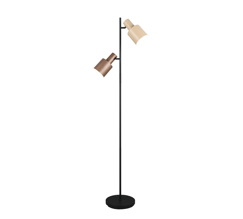 Lampadaire liseuse droit en metal noir avec deux spots orientables marron et beige.
