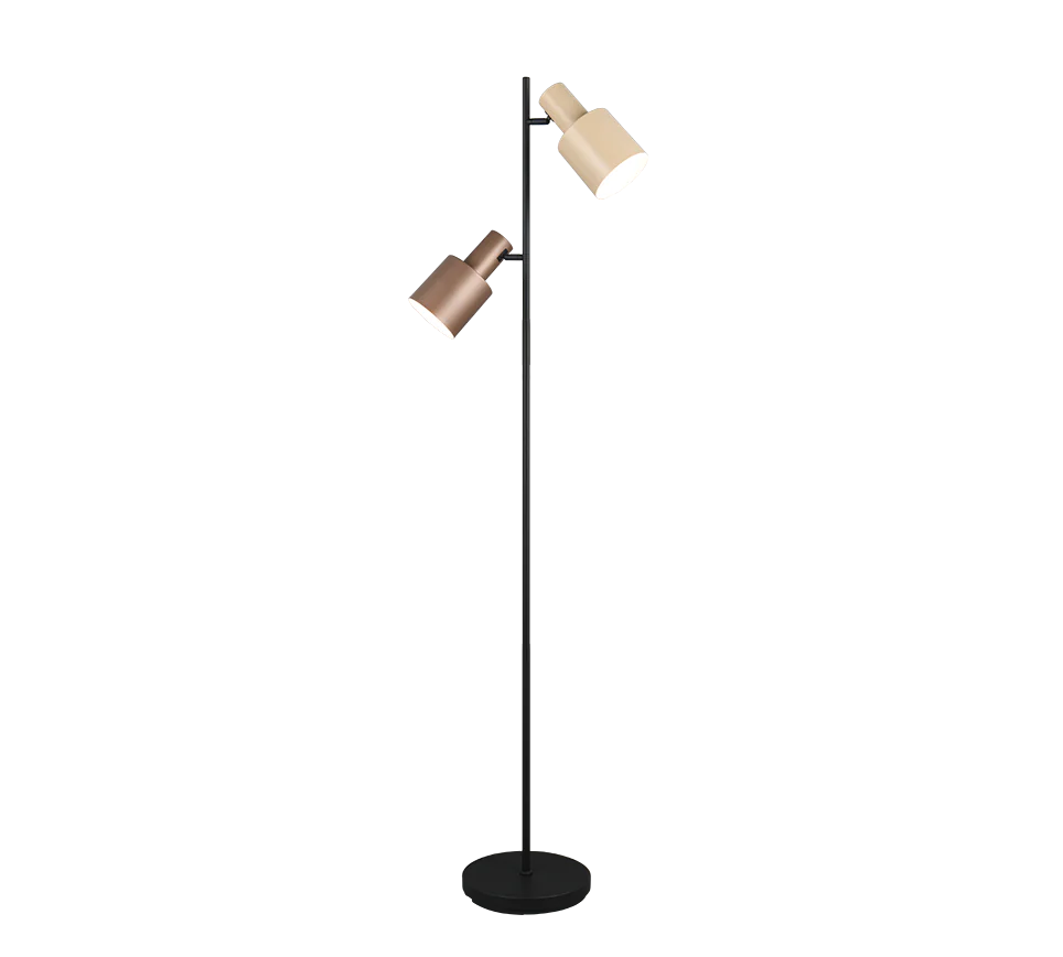 Lampadaire liseuse droit en metal noir avec deux spots orientables marron et beige.
