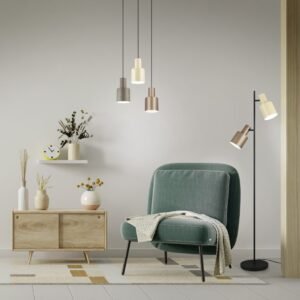 lampadaire-liseuse-double-spot-ambiance-salon Lampadaire liseuse double spot allume pres d'un fauteuil dans un salon.