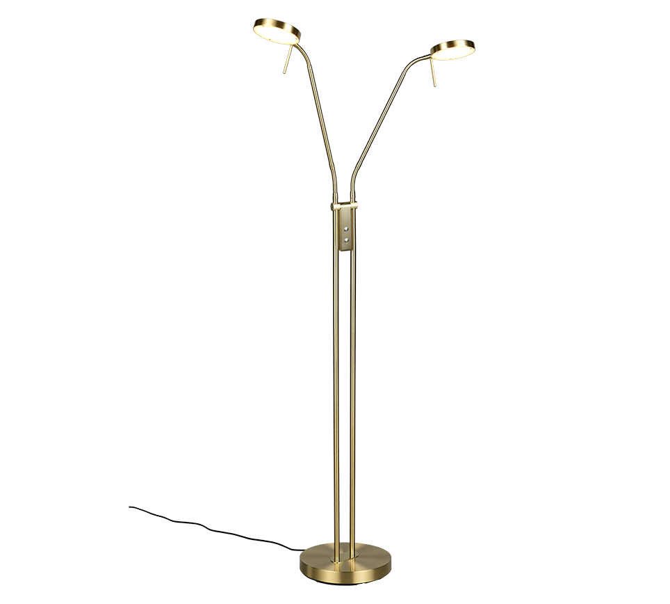 Gros plan sur les deux tetes orientables du lampadaire liseuse led moderne.