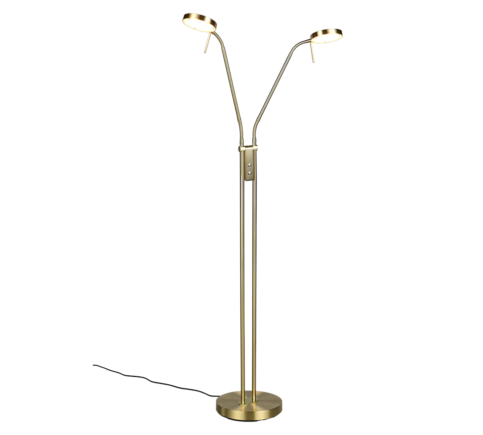 Gros plan sur les deux tetes orientables du lampadaire liseuse led moderne.