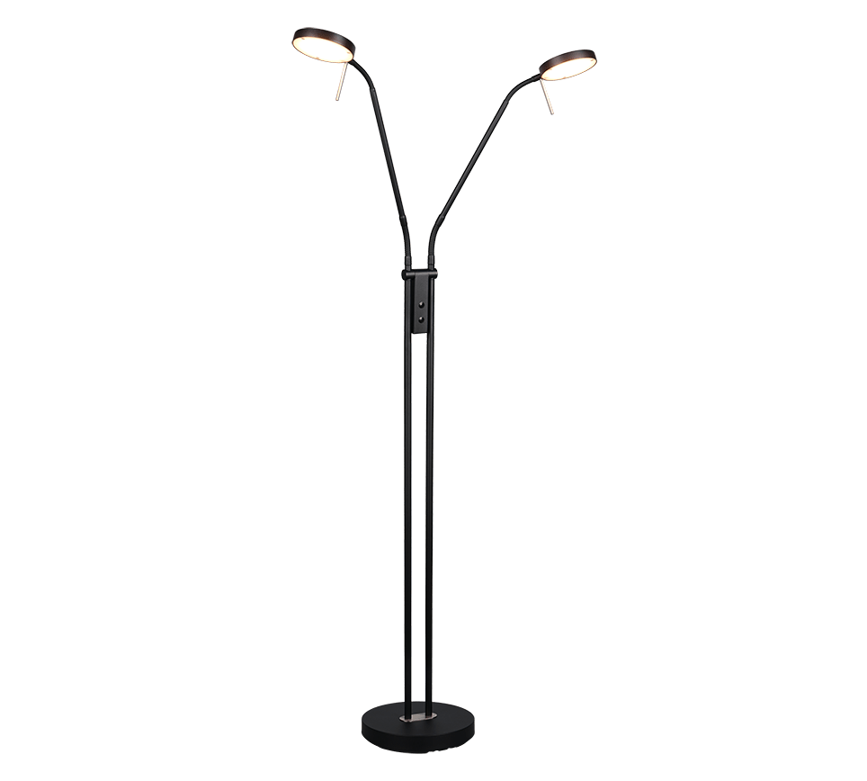 Lampadaire liseuse noir moderne double eclairage en metal noir mat.