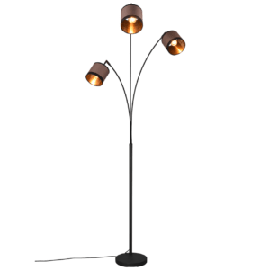 Lampadaire 3 branches en metal noir avec abat-jours en tissu brun et or.