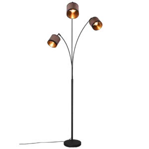 Lampadaire 3 branches en metal noir avec abat-jours en tissu brun et or.