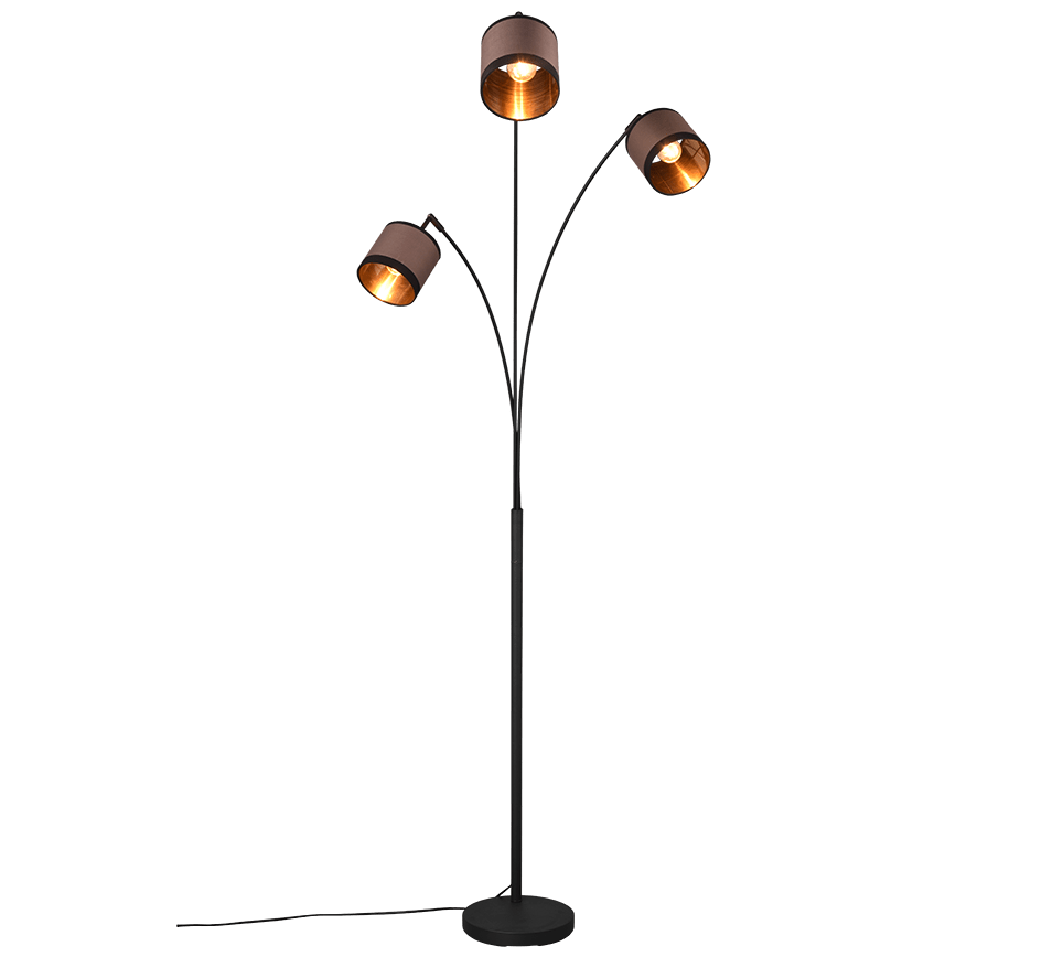 Lampadaire 3 branches en metal noir avec abat-jours en tissu brun et or.