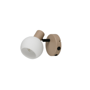 Gros plan sur la rotule orientable et l'interrupteur du spot beige.