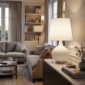 Lampe en verre opalin entièrement allumée au niveau du pied et de l'abat-jour près de Royan.