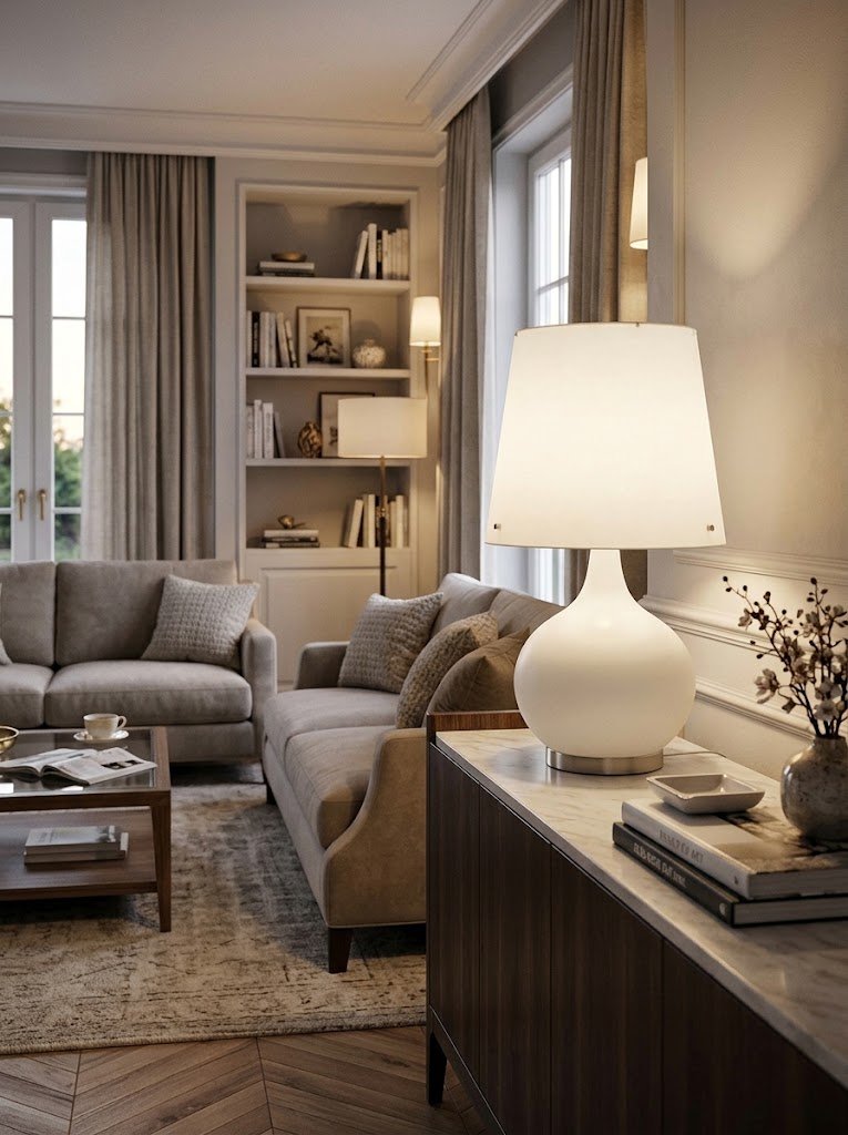 Lampe en verre opalin entièrement allumée au niveau du pied et de l'abat-jour près de Royan.