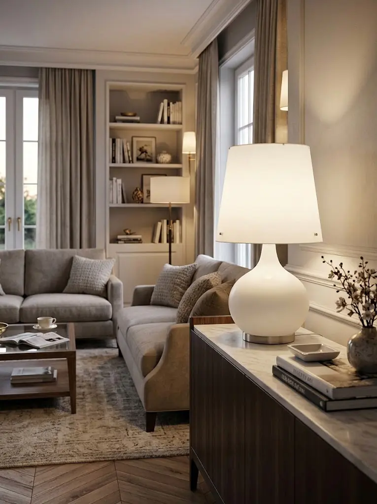 Lampe en verre opalin entièrement allumée au niveau du pied et de l'abat-jour près de Royan.